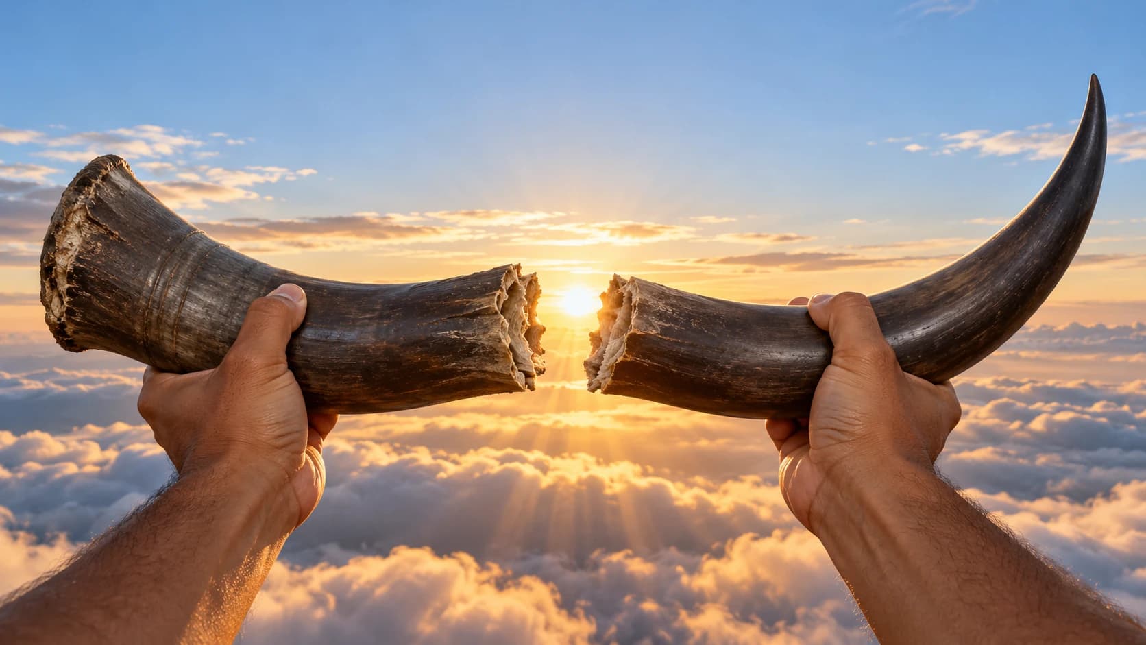 Hands holding a broken horn above clouds, with sunlight shining through the break