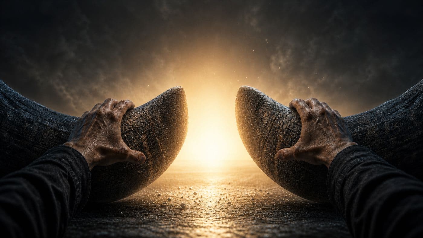 Two hands breaking a horn open, with light pouring out of the break
